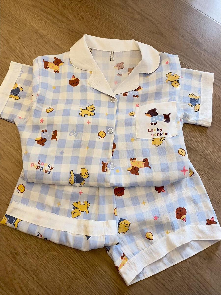 

Casual lazy wind blue plaid sausage puppy pajamas women s short-sleeved shorts can be worn outside two-piece women s loungewear S