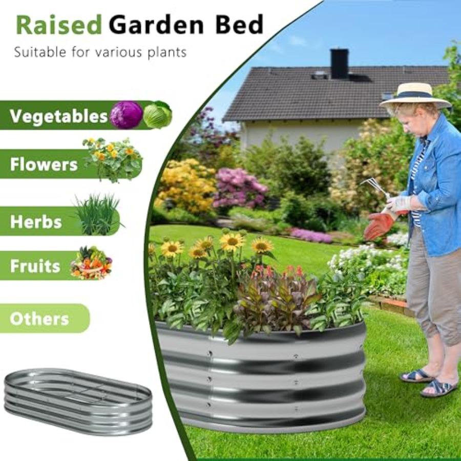 8x4x1ft 2 Pack Galvanized Oval Raised Garden Bed Outdoor Planter Box Metal Patio Kit Planting Bed for Vegetables Flowers Herb S