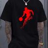 Plus Size Men's Graphic T-Shirt, Black Short Sleeve Round Neck Tee with Red Basketball Player Silhouette Print