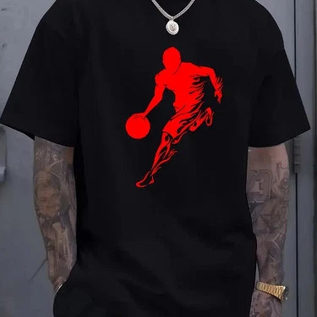 Plus Size Men's Graphic T-Shirt, Black Short Sleeve Round Neck Tee with Red Basketball Player Silhouette Print