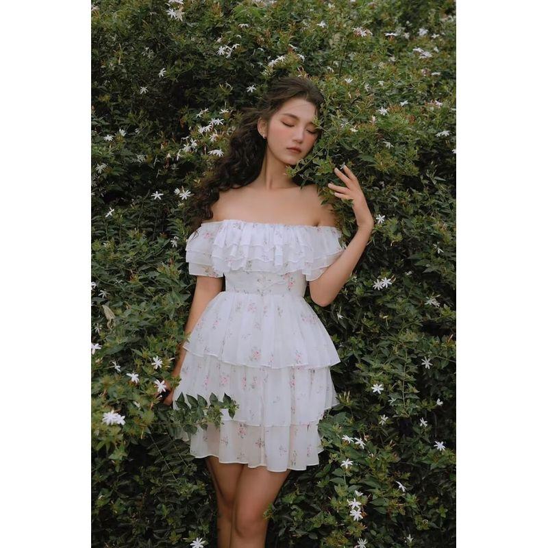 

Fairy Coming Vietnam off-Shoulder Cake Floral Skirt Off-shoulder floral dress(High quality) L