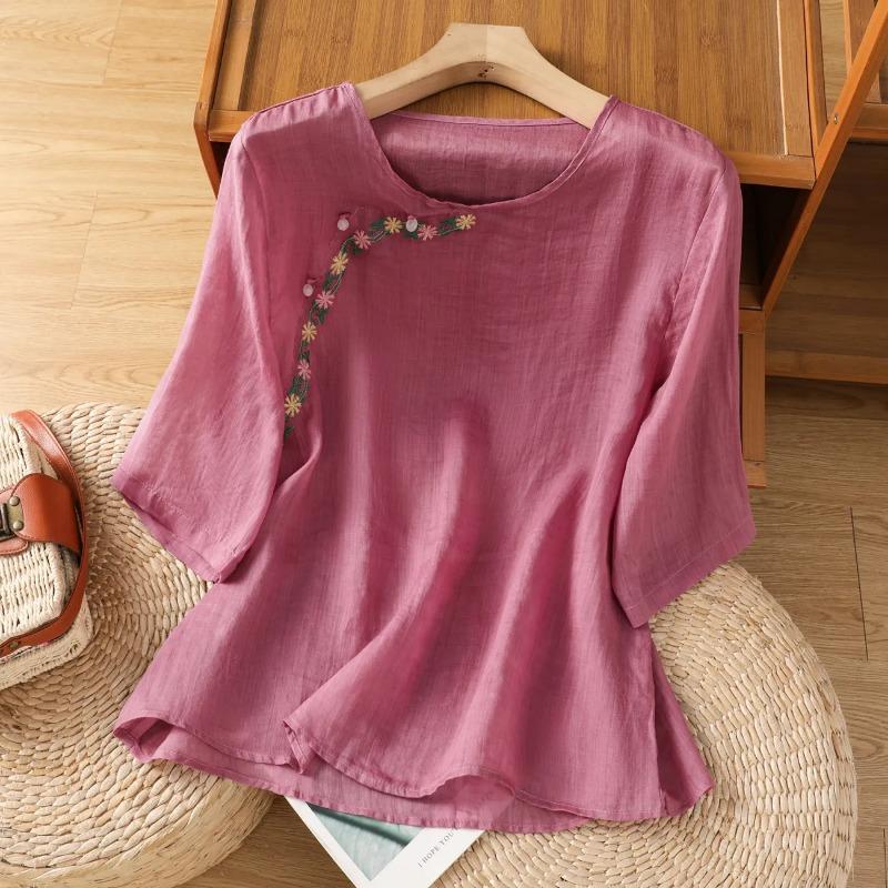 Retro Chinesischer Stil Besticktes Baumwollleinenhemd Damen Sommer Jung Perlenknöpfe Schräge Knopfleiste Neu