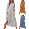 Women Long Sleeve Bohemian Cotton Linen Swing Dress Oversized V Neck Flowy Tiered Ruffle Pleated Long Dress