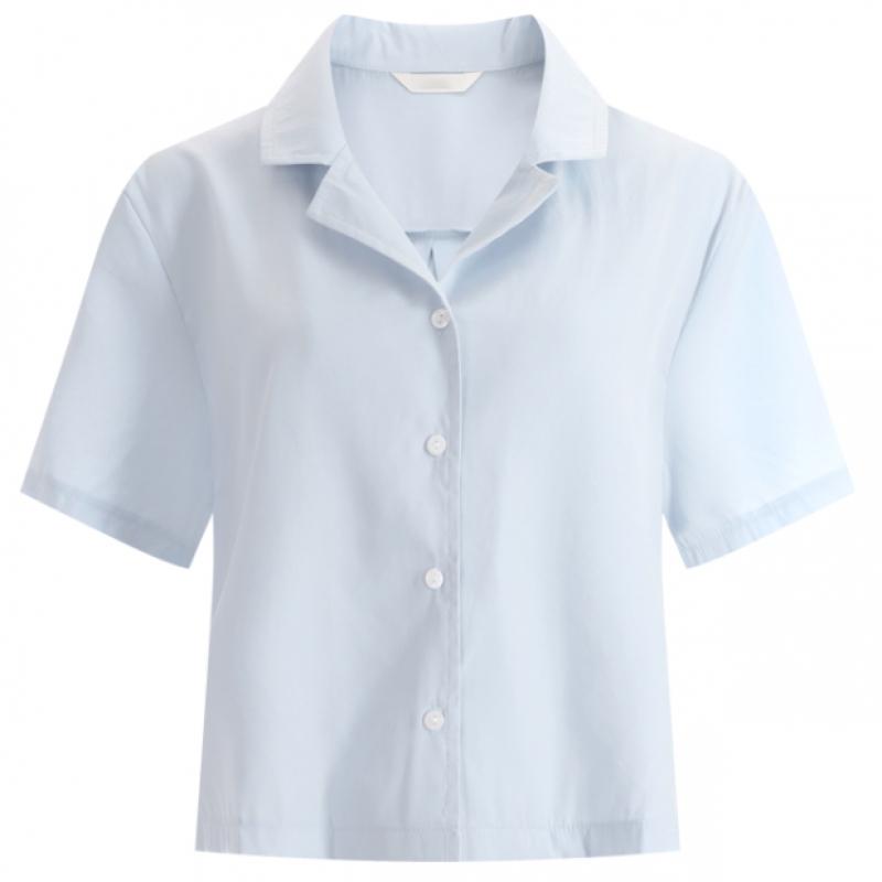 Shop   Women Collar Neck Semi Crop Plain Short Sleeve Blouse Shirt Ivory Ean Wsh