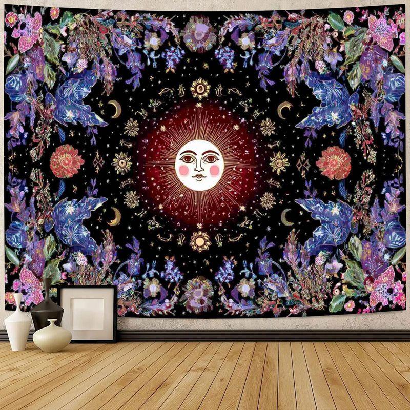 Sun Face Floral Moon Tapestry Wall Hanging for Living Room Bedroom Yoga Meditation Room Wall Art Mystic Boho Decor