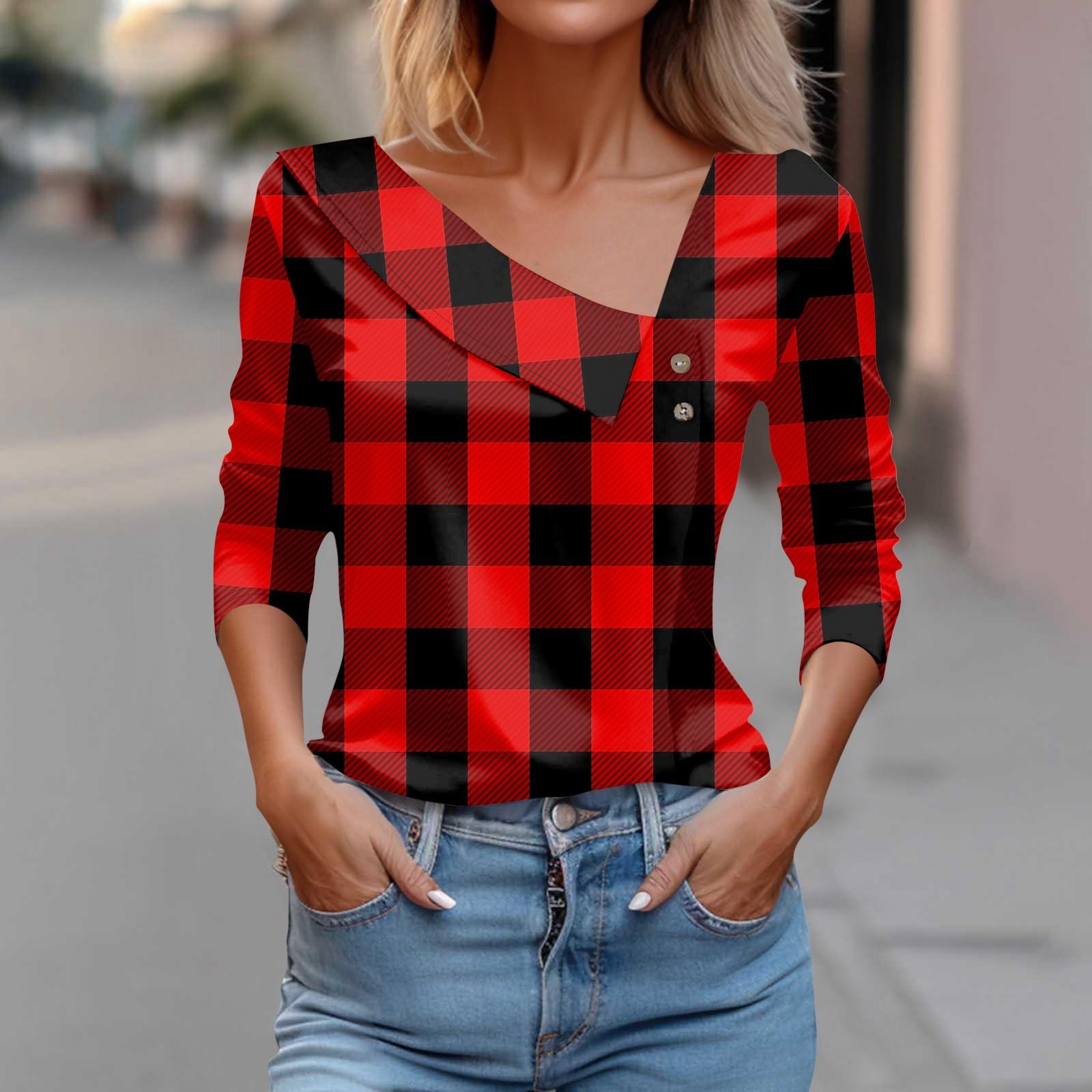 

Женские топы с длинным рукавом и V-образным вырезом, свободные рубашки, клетчатый принт, асимметричные блузки с пуговицами, деловые повседневные туники L винный