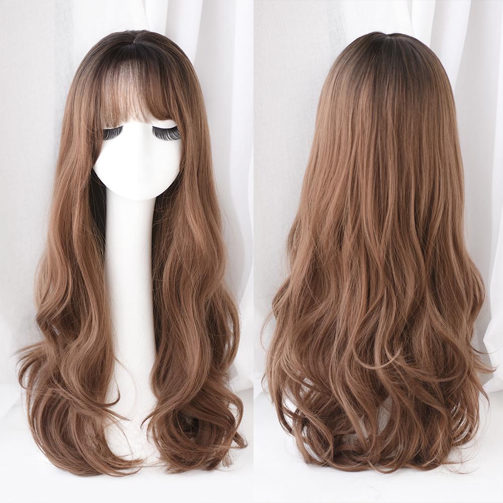 Lange Lockige Haare Damen Perücke mit Pony Täglich Braun Schwarz Rosa Lolita Cosplay Geflochtene Perücken Hitzebeständige Faser Party Kunsthaar