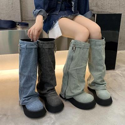 Winter Damen Oberschenkelhohe Stiefel Mode Runde Zehe Schlupfstiefel Damen Lässige Lange Stiefel Dicke Sohle Schuhe 2024