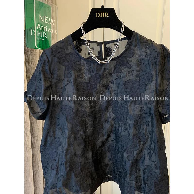 

Light Luxury Double-sided Embroidered Short-sleeved Shirt Women s Gauze Blouse Pure Lust Style Top XXXL чорний