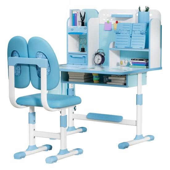 2 ks/sada Dětský psací stůl a židle Nastavitelná výška Psací stůl a židle s korektorem sezení Ergonomická židle ke stolu se stojanem na knihy (Růžová, Modrá)