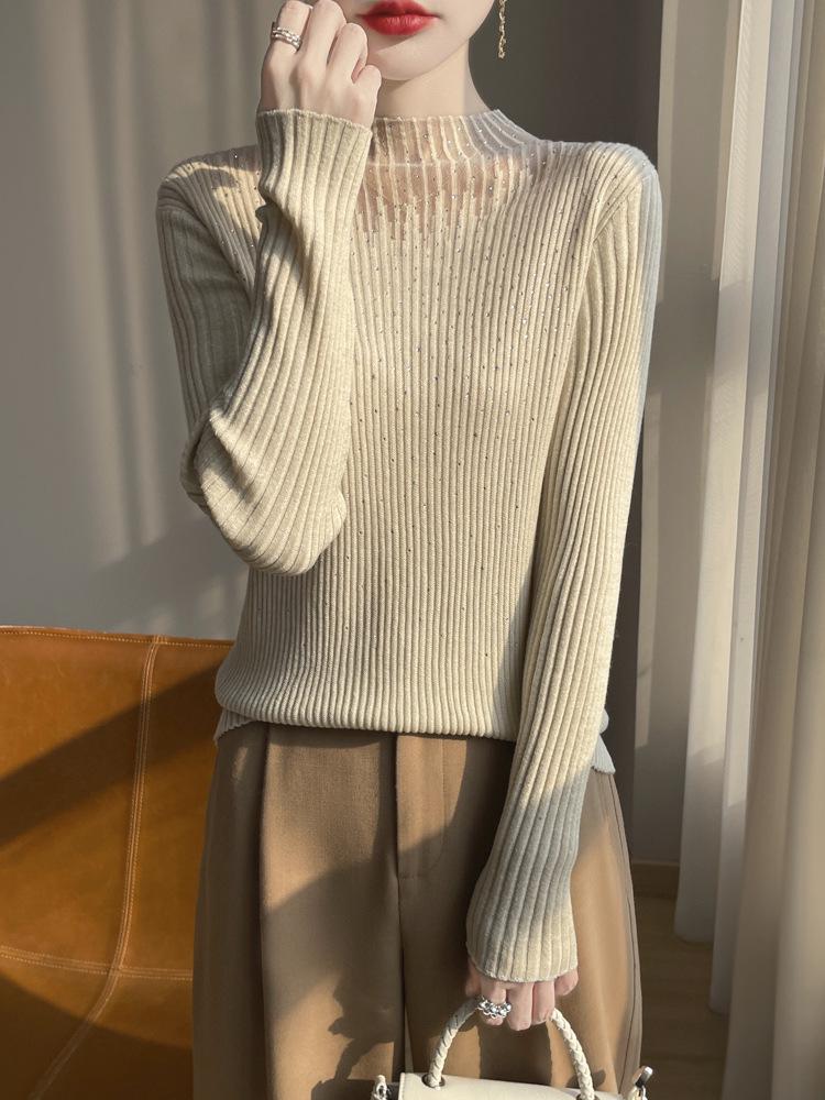 Women's Slim-Fit Wool Sweater with Rhinestone Design, Solid Color Base Layer