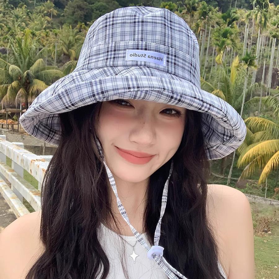 Plaid Bucket Hat Women's Summer Outdoor Sun Hat Sun Protection UV Protection Hat Showing Washbasin Hat