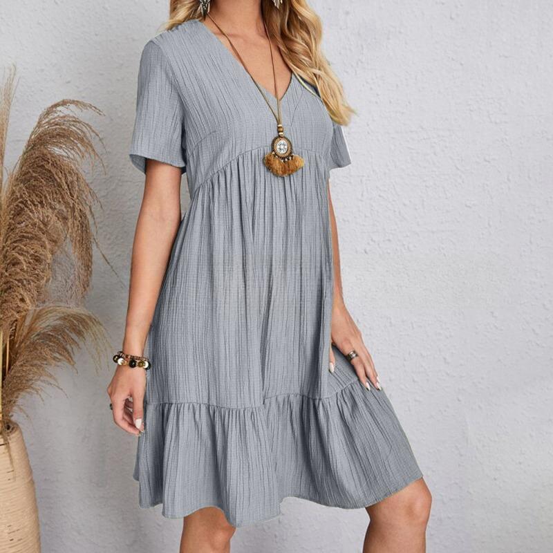 Vestido Feminino Casual de Verão com Manga Curta, Solto, Moda, Elegante, Linha A, Plissado, Liso, Tamanho Plus, Simples, Vintage, para Férias, Praia 26315