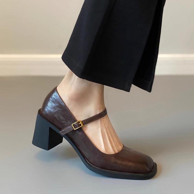 Retro Loafers Women Square Toe Mary Janes Shoes 2025 New Sping Summer Ankle Buckle Pumps Elegant Ladies Shoes Black High Heels