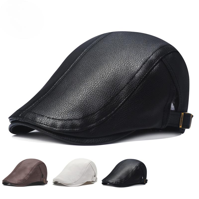 Leather Cap Men's Imitation Sheepskin Beret Leather Hat The Elderly Forward Hat Artificial Leather Hat Literary and Retro