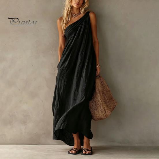 Women Casual Dress Women's Summer One Shoulder Beach Sundress, Pleated A-line Polyester Flowy Long Dress, Loose Travel Vacation Versatile