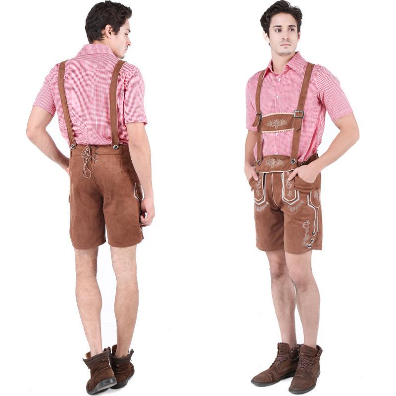 Adult Men's Beer Festival Costume Pink Checked Shirt Suspender Suit Stage Performance Costume