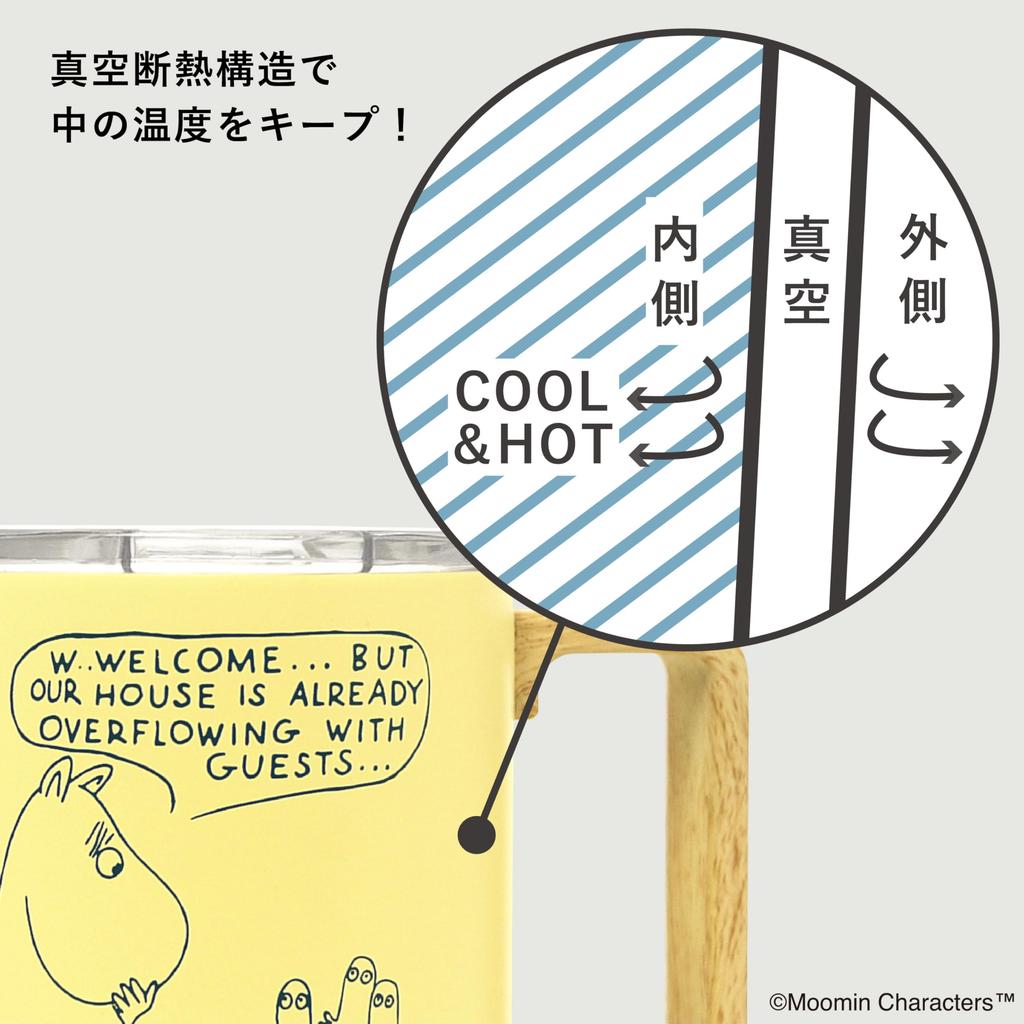 MOOMIN Stainless Steel with Perfect Gift Mug, 350ml, Lid, Double-Walled Vacuum-Sealed, Boxed, (Wood-Style Handle, Yellow)