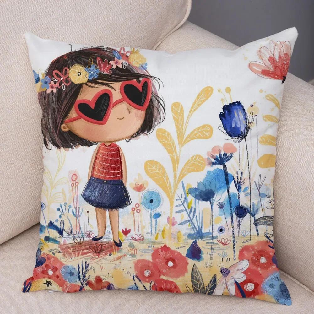 Față de pernă decorativă Artă Lume de basm colorată, Minunată față de pernă cu fetiță de desene animate, pentru canapea, casă, față de pernă super moale de pluș