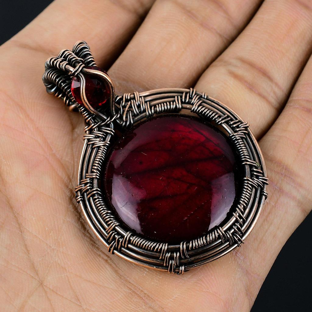 Red Flash Labradorite Pendant, 999 Copper Wire Wrapped Jewelry, Gemstone Jewelry Pendant, Handmade Wedding Gift Jewelry
