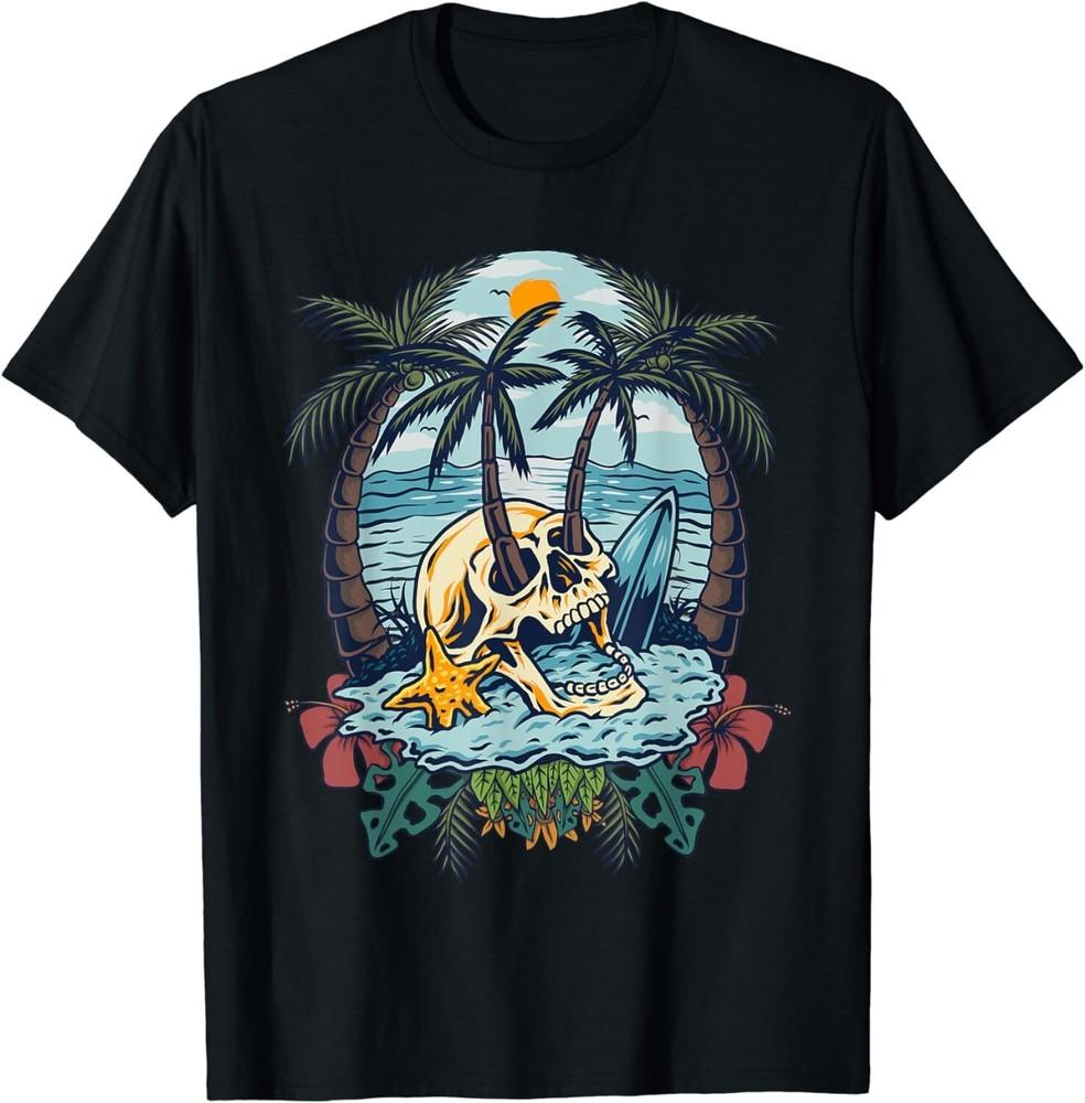 

Vintage Palm Tree Skull Summer Beach Men Motorcycle Tattoo Gift Unisex T-Shirt 4XL