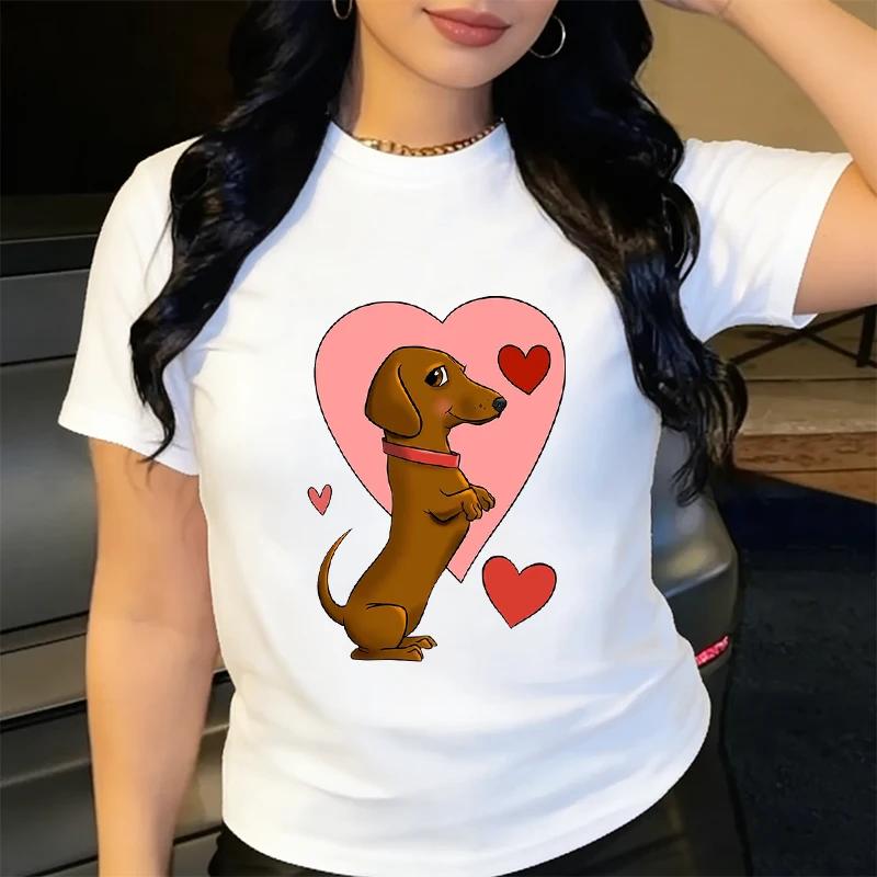 

Plus Size Womens Clothing Cute Sausage Dog with Heart Pattern Printed Tshirt Summer Short Sleeve Top Casual ONeck Tshirts XL