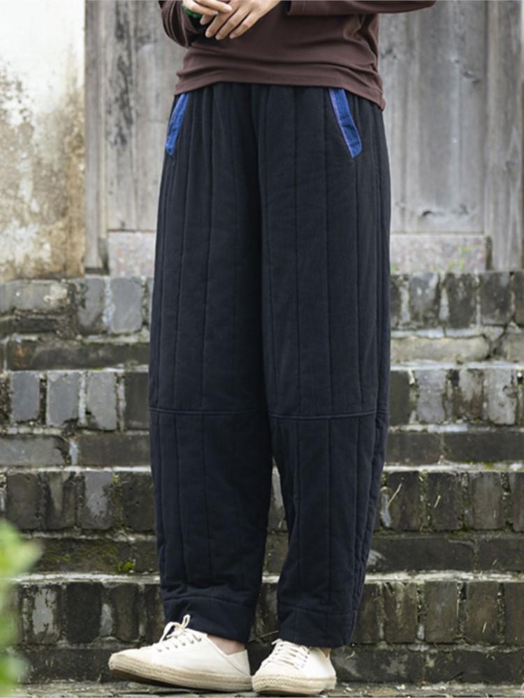 Johnature Women Warm Winter Straight Pants Cotton Linen Vintage Elastic Waist Trouser Solid Color Patchwork Pockets Pants