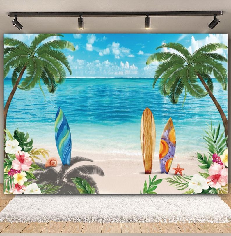 Tropischer Strand Hintergrund für Fotografie Sommer Hawaii Blaues Ozeanwasser Meeresufer Palme Kinder Feiertagsparty Foto Hintergrund Dekoration