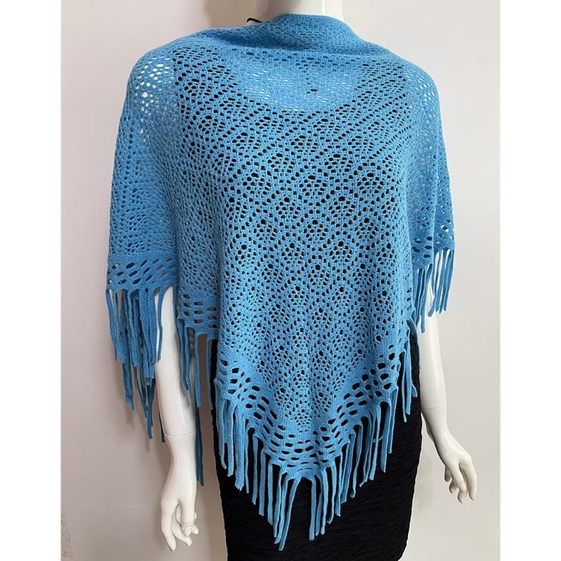 Women's Hollowed Knitted Triangular Scarf Imitation Cashmeres Soft Winter Shawl Wrap Neckerchief Blanket with Fringes