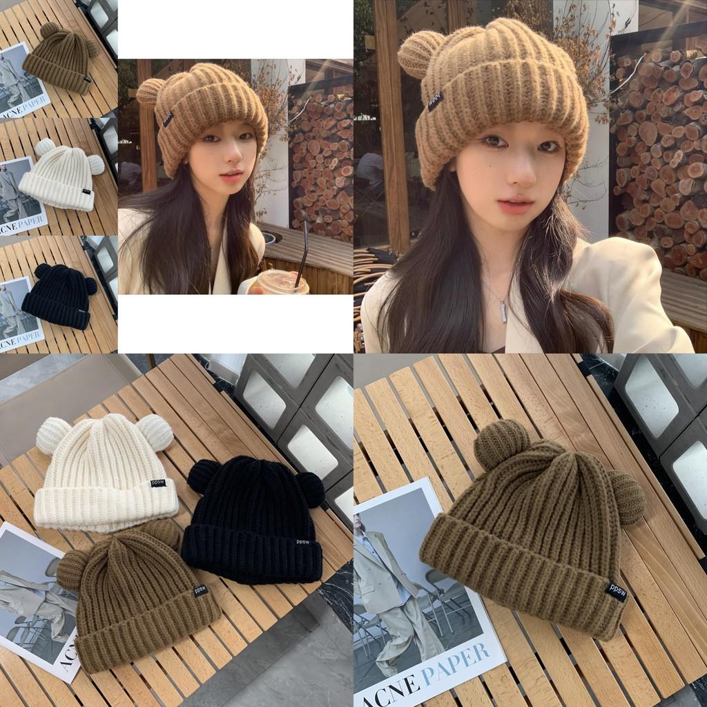 Cute Bear Design Knit Beanie For Women Stylish Autumn Winter Ear Warmer Hat