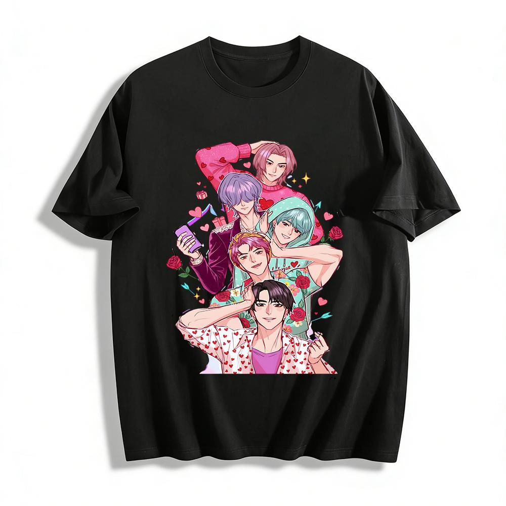 

Anime Boy Group Print Casual Top,Heart Rose Pattern Unisex Loose Fit Trendy T-Shirt Pure cotton T-shirt XXS