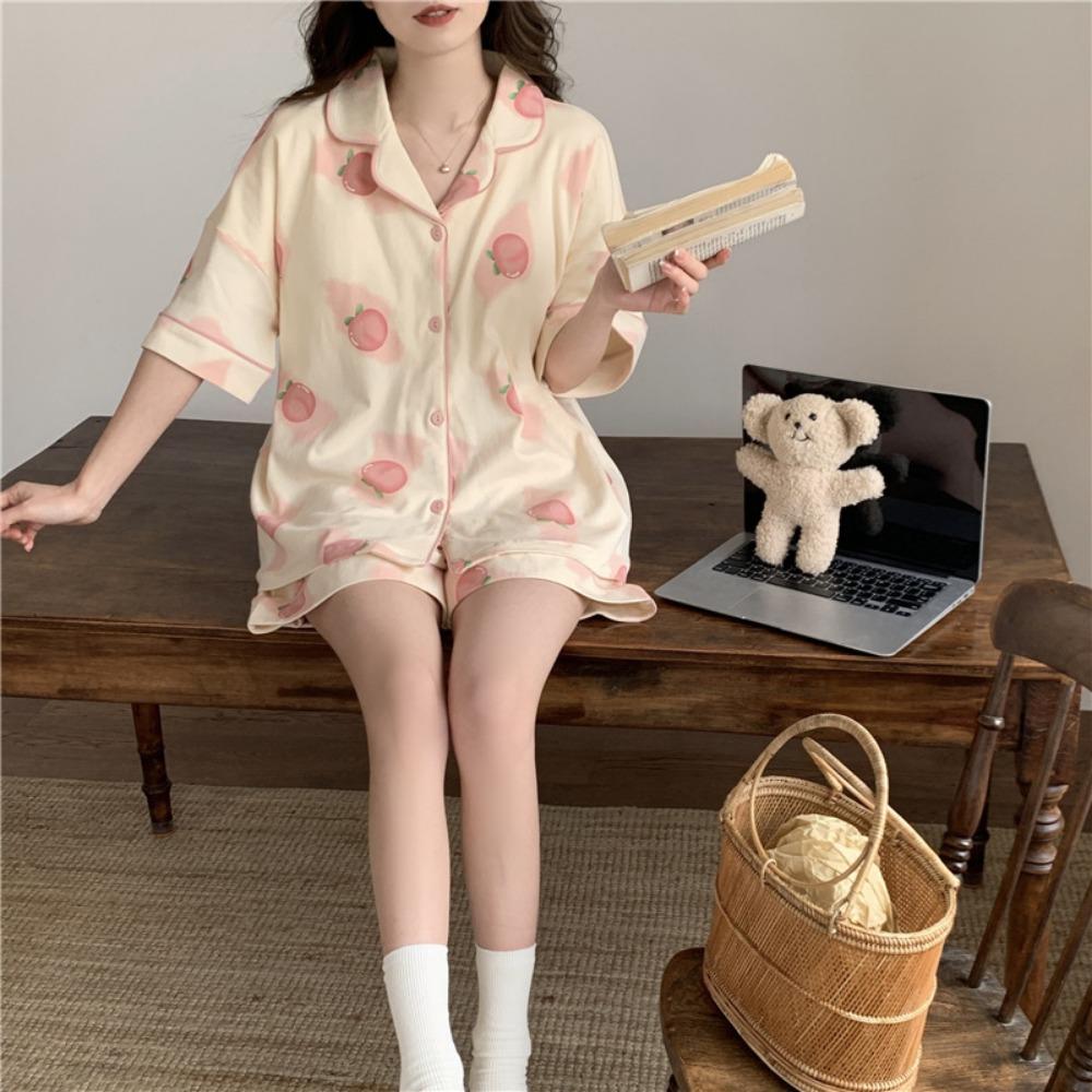 

Новая корейская версия пижамы с нагрудными вкладышами для женщин на лето, тонкий кардиган с лацканами, милый девичий домашний комплект XL