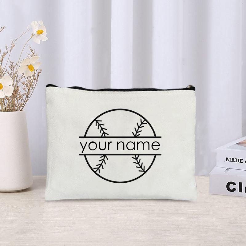Basketball Football Custom Name Canvas Cosmetic Bag Organizer Travel Sundries Storage Zipper Pouch Wallet Gift for Sports Lovers