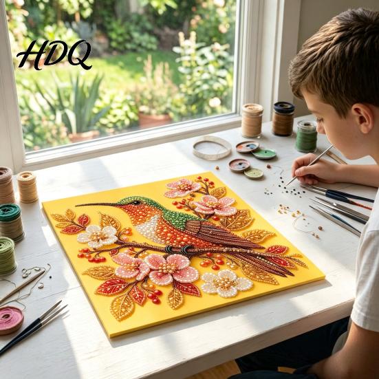 Floral Faux Pearl Design Hummingbird Art Kit Flower Bird Painting DIY Handmade Mosaic 3D Wall Craft Kit for Adults Gift Zen Project