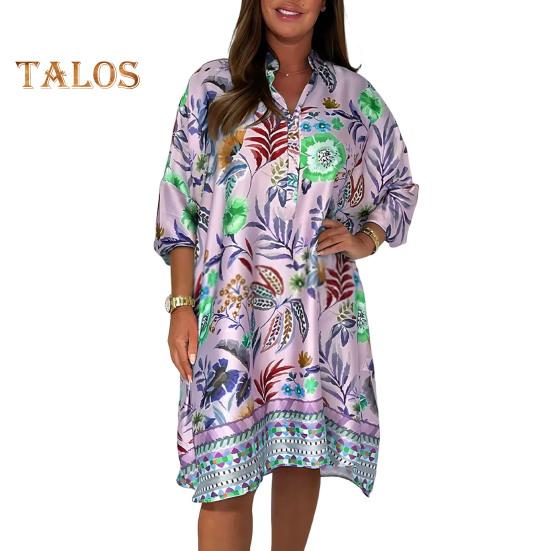 

Женское платье больших размеров в стиле бохо с цветочным принтом, короткими рукавами, застежкой на пуговицы, V-образным вырезом, летнее повседневное платье-рубашка длиной до колена S фиолетовый