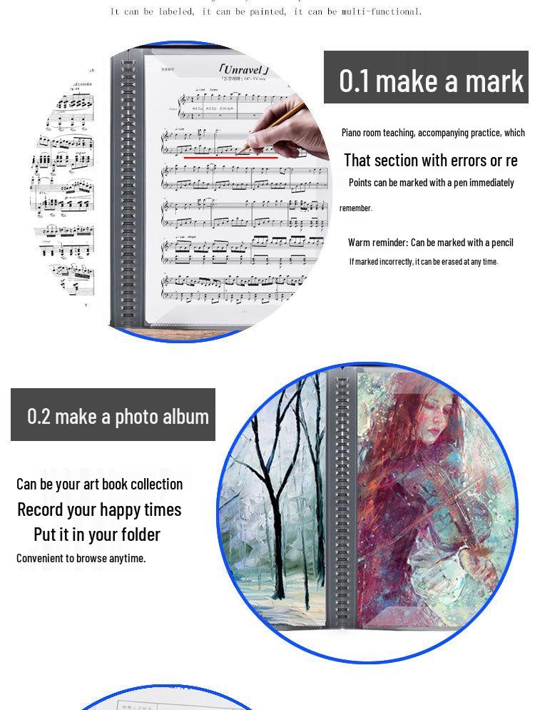 A3 Erasable Non-Reflective 15-Page Piano Music Score Folder with Clip