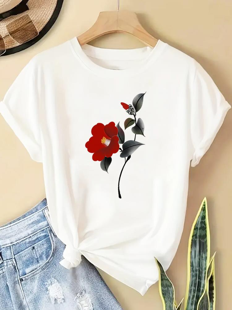 (Asian Size) T Shirt lovely flower style Fashion Women Tee Top Clothing Casual Printed Lady Female Graphic  Short Sleeve T-shirts
