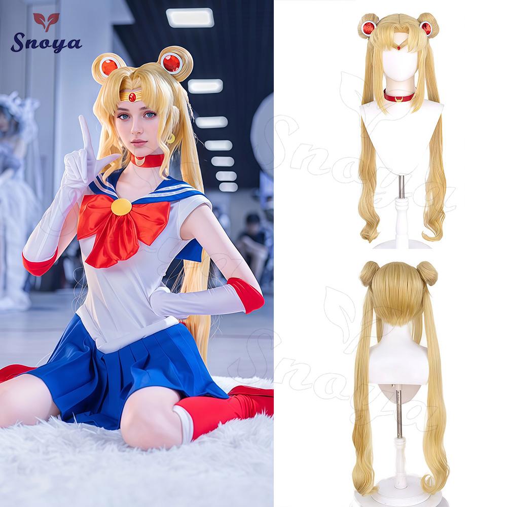 Snoya Sailor Moon Perücke Tsukino Usagi Cosplay Goldgelb Prinzessin Serenity Langes Lockiges Synthetikhaar Perücke für Halloween Cosplay