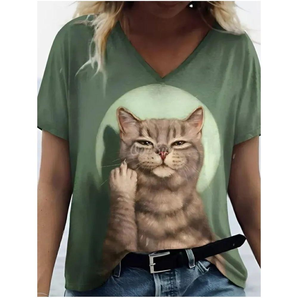 Nuevas Camisetas Estampadas 3D de Animales Gato Lindo Moda Mujer Camiseta de Manga Corta con Cuello en V Y2k Harajuku Camisetas Tops Casuales Ropa Femenina