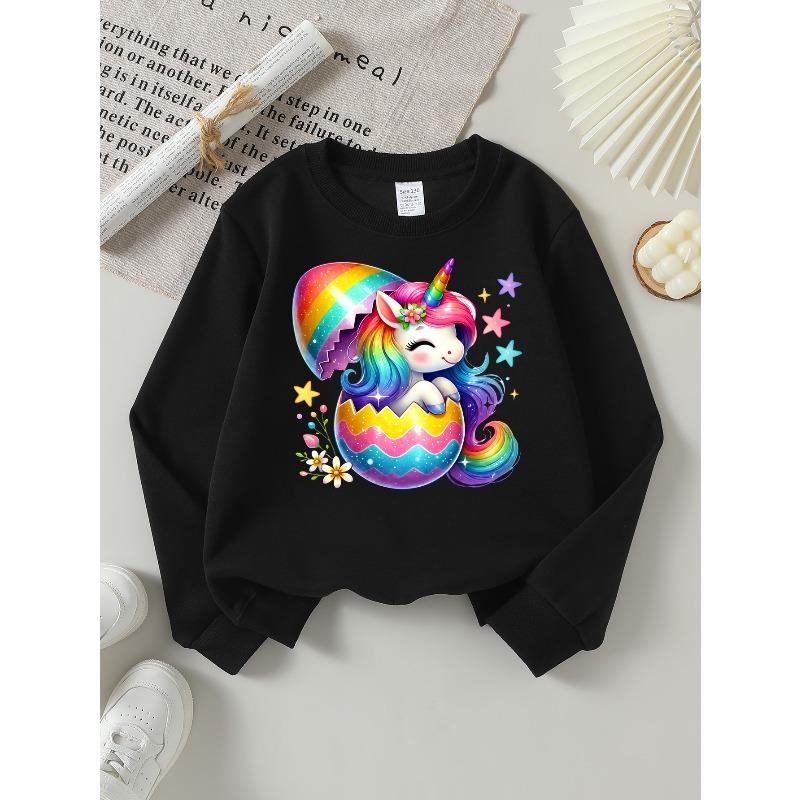 Kids' Sweatshirts, Girls' Sweatshirts, Girls' Autumn Winter Fashion Rainbow Unicorn Easter Egg Print Long Sleeve Round Neck Sweatshirt