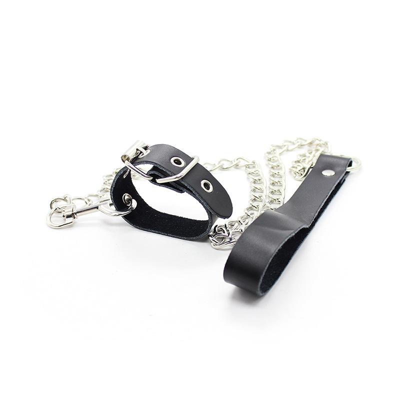 Men's Leather SM Fun Bondage Set with Penis Rings and Traction Chain