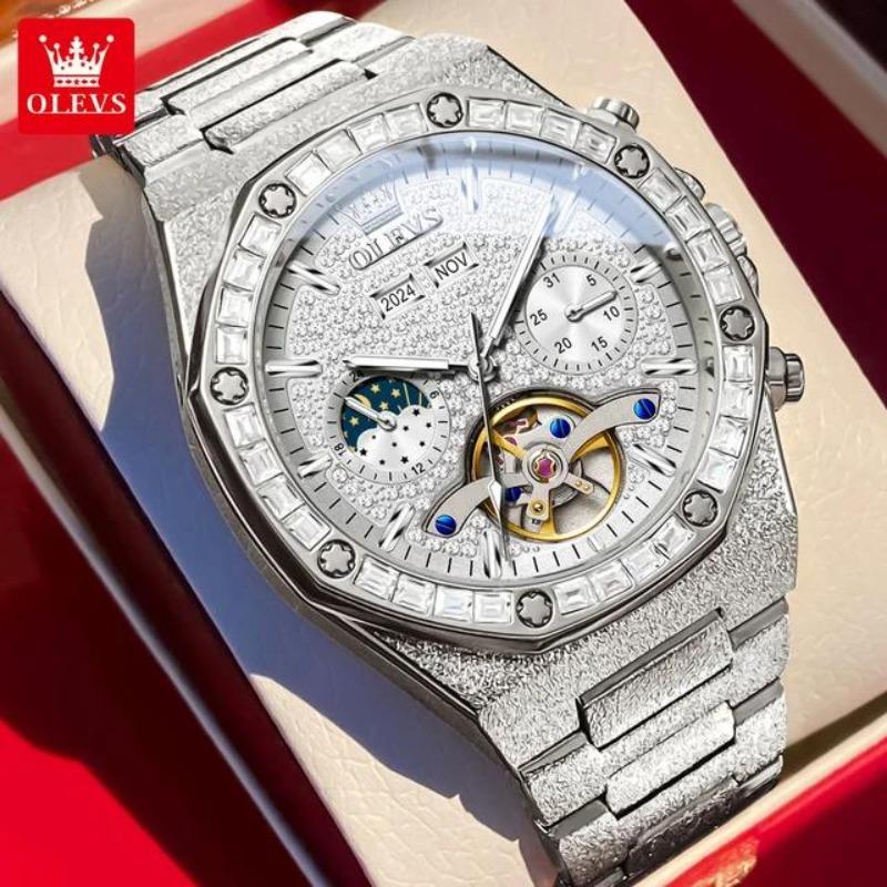 

OLEVS Moon Phase Chrono Luxury Watch Diamond Automatic Men s Watches Sanding Steel Strap Skeleton Flywheel Mechanical Wristwatch серебряный