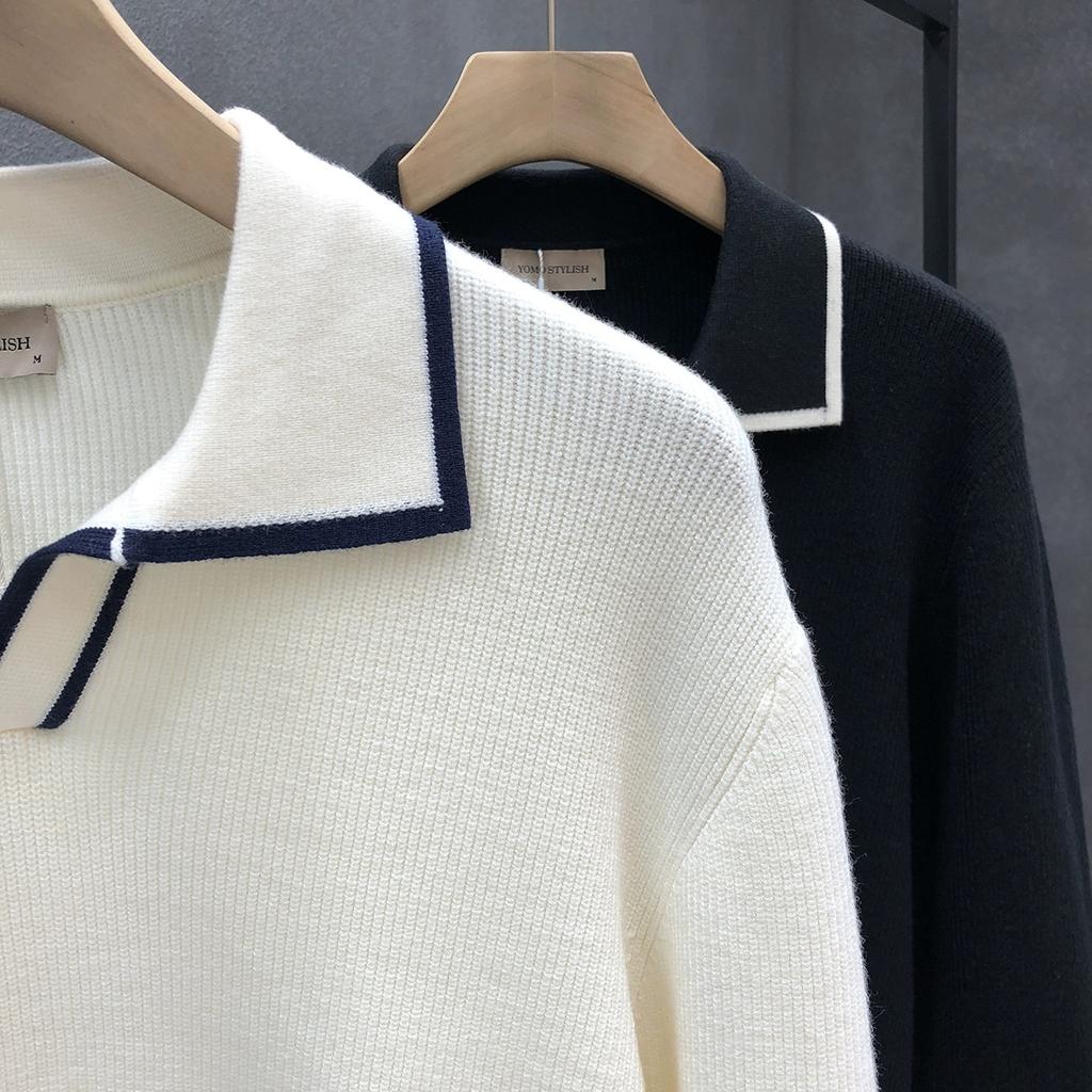 Korean Style Fashion Brand Rhombus Jacquard Lapel Polo Shirt Ruan Handsome Bottoming Long-Sleeved Sweater Hong Kong Style New