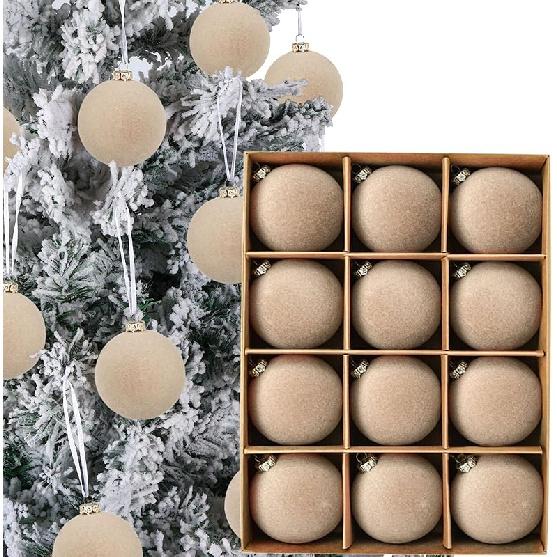 12pcs Christmas Tree Hanging Ball Decoration 2.4Inch Velvet Christmas Ornaments Balls Flocked Shatterproof Plastic Xmas Tree Ball for Party Holiday