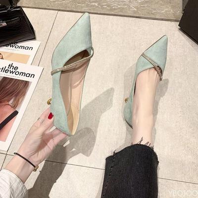 Fashion 2025 Women's One Word Oblique Strap New Pointed Low-heeled Shoes Ladies All-match Small Fresh Rhinestone Shoes Zapatos Pumps