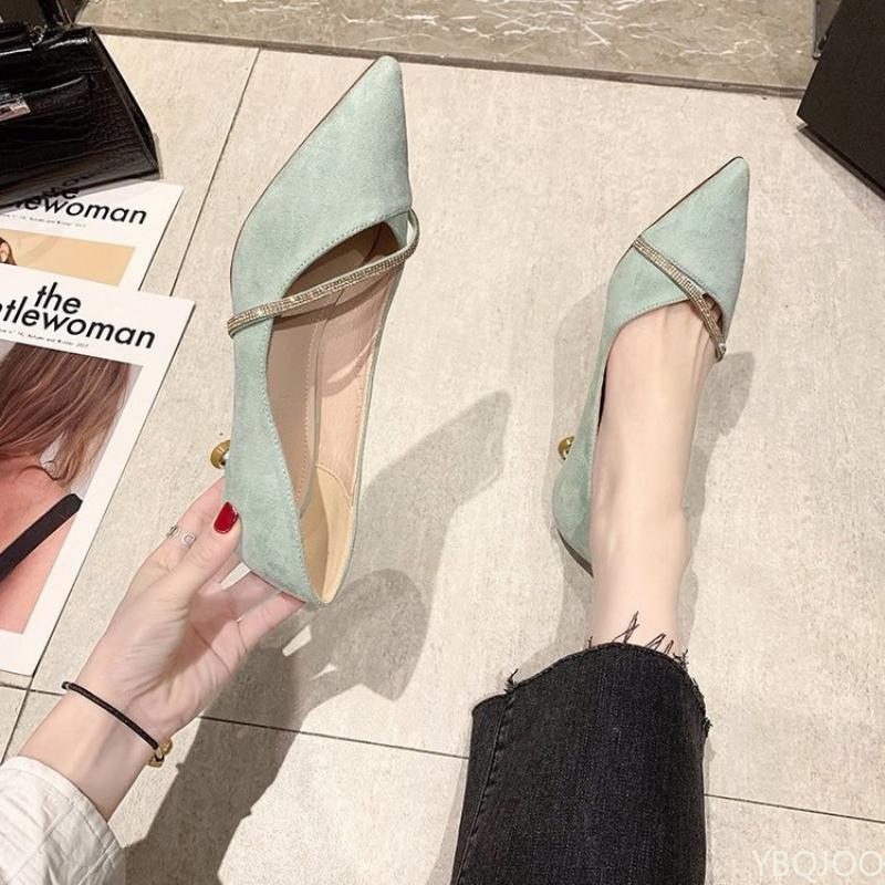 Fashion 2025 Women's One Word Oblique Strap New Pointed Low-heeled Shoes Ladies All-match Small Fresh Rhinestone Shoes Zapatos Pumps