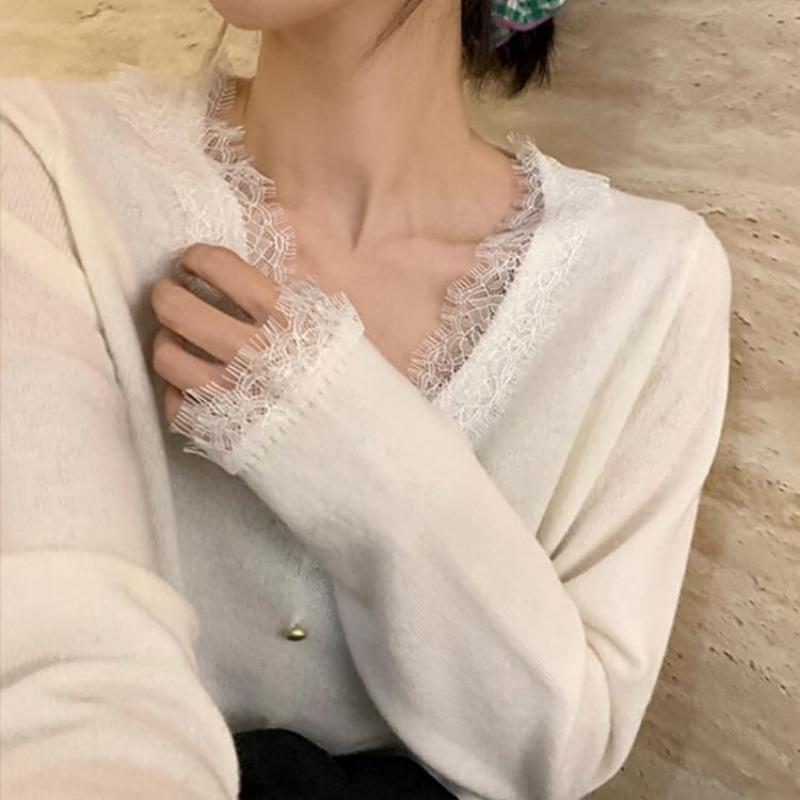 

Винтажный лоскутный кружевной V-образный вырез, вязаный свитер для женщин, осенний тонкий облегающий модный свитер, женские топы, однотонный элегантный зимний трикотаж 25859 One Size белый