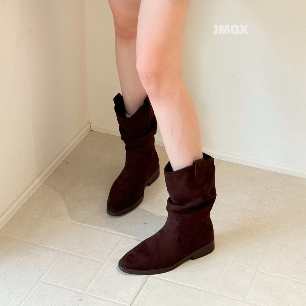 Vintage Suede Maillard Boots Women's Autumn and Winter Coarse Heel Pointed Pleated Pile Boots Western Cowboy Boots Short Boots