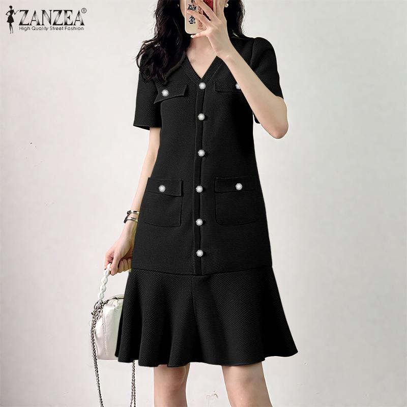 ZANZEA Damen Kurzarm Elegant Textur Büro Plissee Kleid