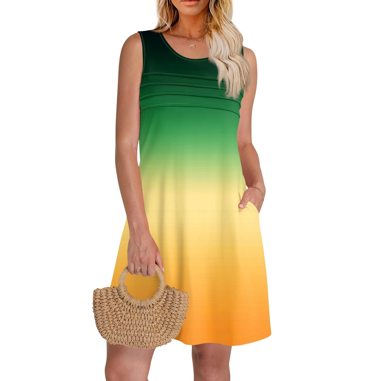 

Женские летние платья с круглым вырезом, плиссировкой спереди, без рукавов, карманами, сарафаном, повседневным платьем S зелёный